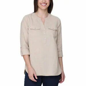 NEW Tahari Roll Tab Linen Blend Shirt | Tan
